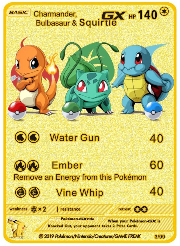 Carte Pokémon Gold Métal - Salamèche, Bulbizarre & Carapuce